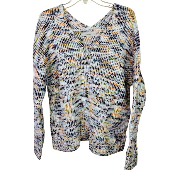 LOFT Sweater Multicolor Size L Spacedye Double V Chunky Knit Oversized - Picture 2 of 11